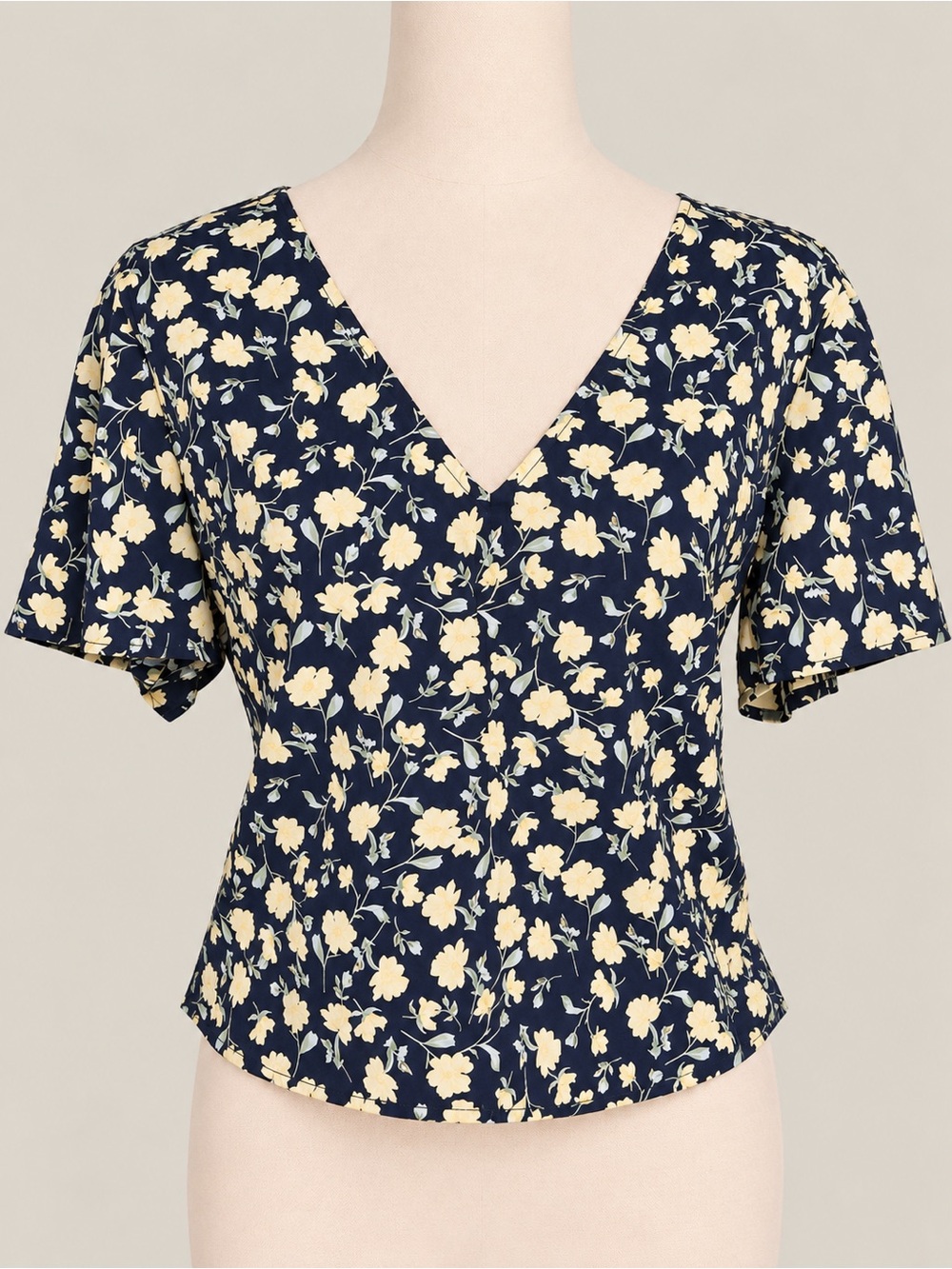 Lush Navy Yellow Floral Open Back Tie Top Size M